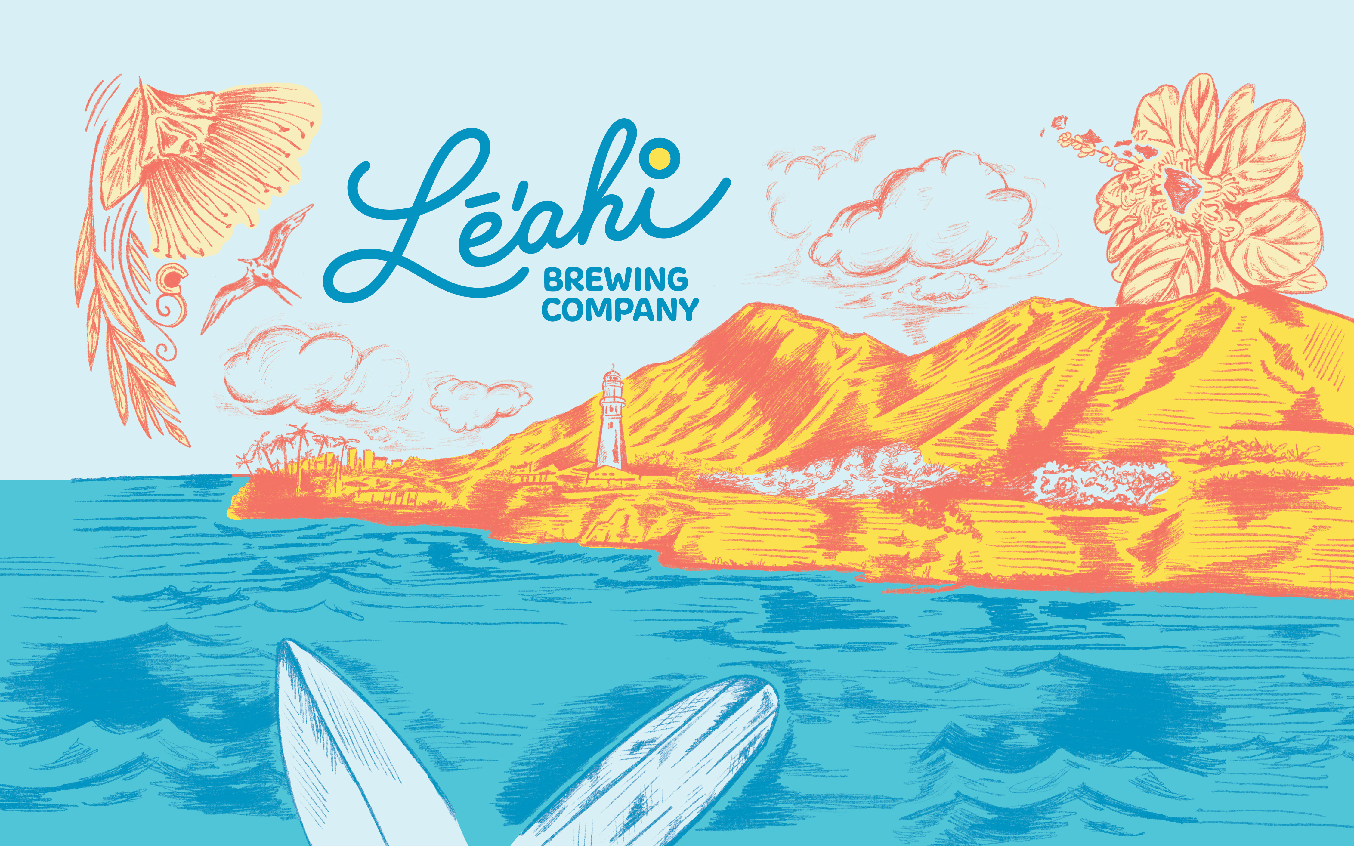 Leahi Brewing - label art beach branding bright colorful diamond head drawing hand drawn handdrawn hawaii hawaiian honolulu illustration island landscape mountains scene sketch surf surfer tropical