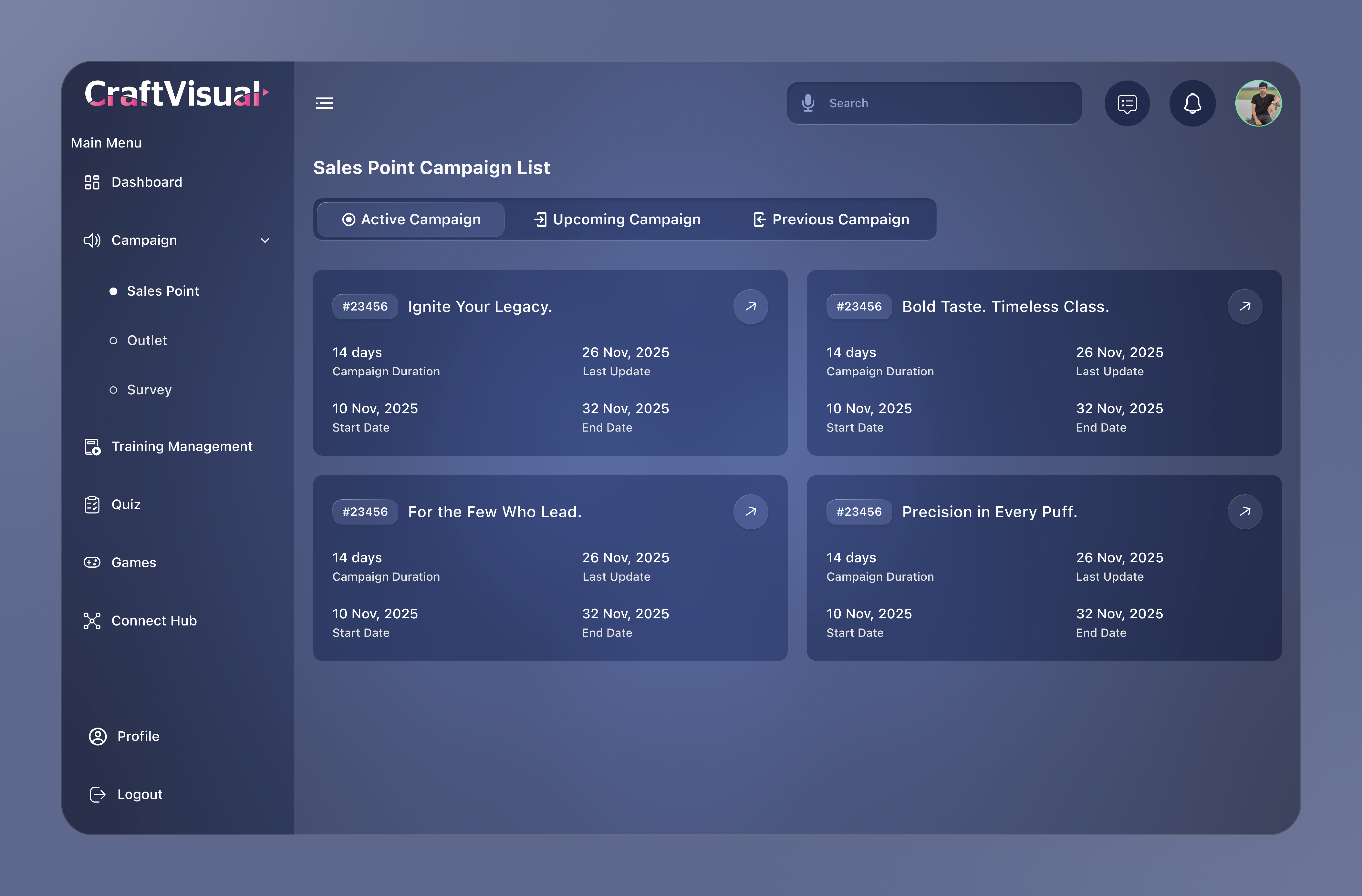 Campaign Design (Tablet) campaign campaign list dashboard menu graphic design list menu side side bar sidebar tab tab design tablet tablet design tabs