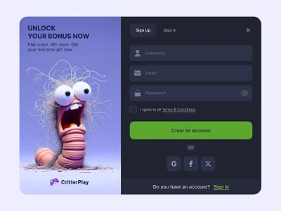 CritterPlay Login UI – Fun & Friendly Game Platform Entry cartoondesign gameui interactive design interfacedesign login page product design ui design ux design
