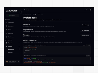 Dashboard Preferences bento branding code snippets darkmode dashboard desktop preferences responsive settings ui website