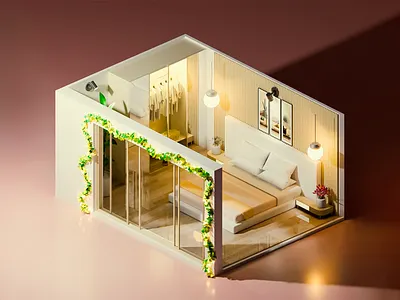 Blooming Bedroom Nook - 3D Render 3d 3d art 3d art work 3d bed 3d bedroom 3d design 3d interior 3d model 3d rendering bright coloring creative floral elements graphic design interior design isometric lights modern modern interior