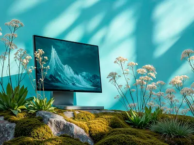Modern desktop setup with nature-inspired elements 3d animation branding graphic design logo motion graphics ui