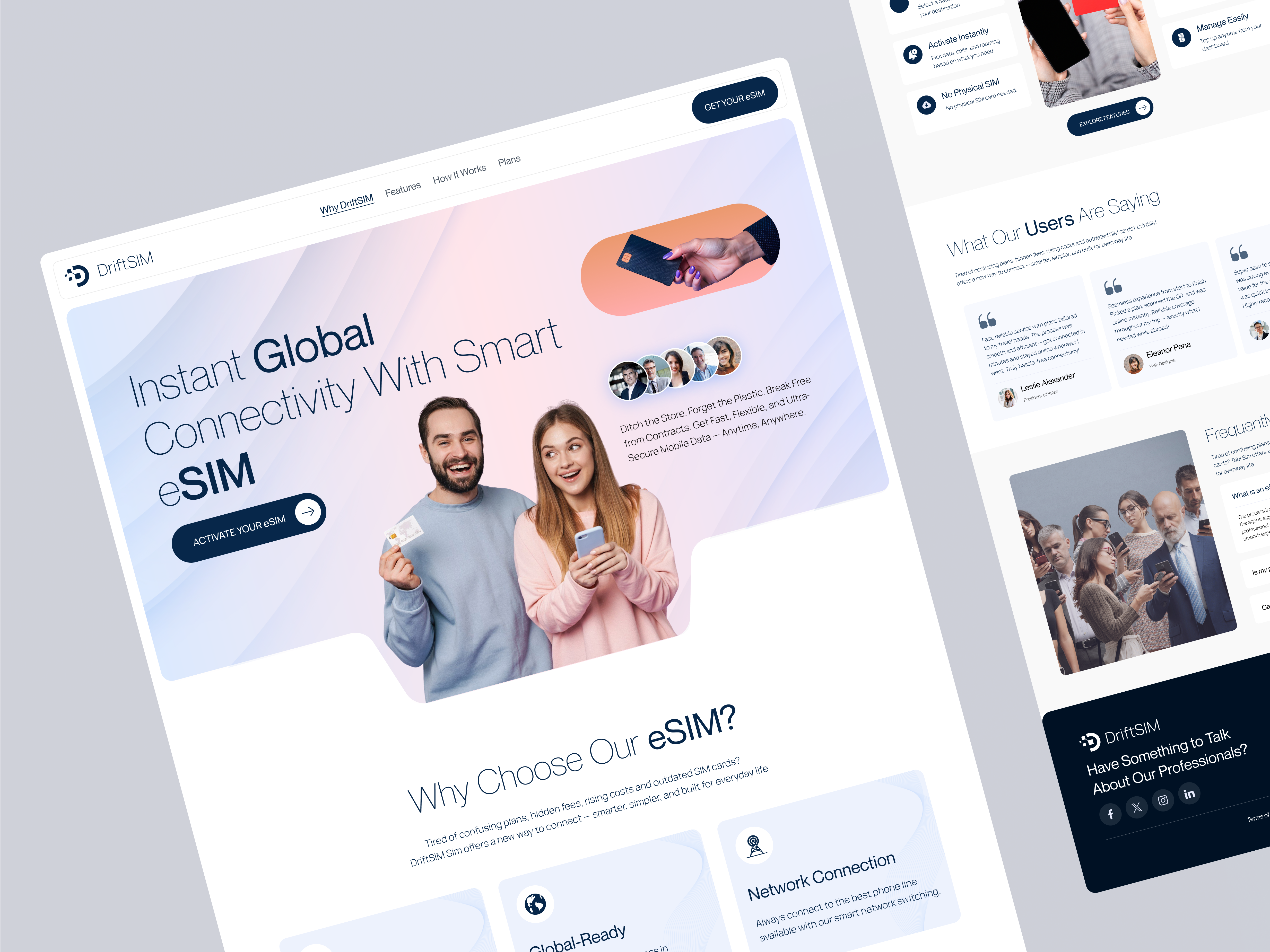 eSIM Service Provider Landing Page UI Design cleanui conversiondesign esim freelanceuiux hireme landingpage moderndesign productlandingpage responsivewebdesign saasdesign telecomdesign uiux uxdesign webui