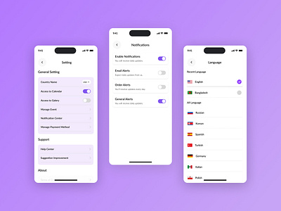 Modern App Settings UI – Notification & Language Screens dailyui