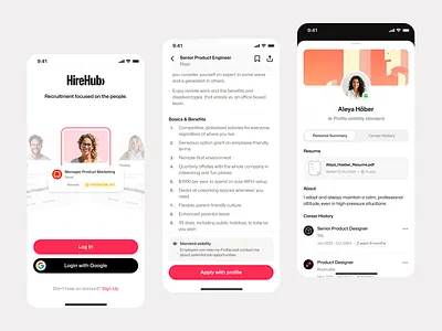 HireHub: Human-Centered Recruitment App clean find job hiring hiring app hr app job finding app job searching job searching app minimal mobile app design mobile design app modern app recruitment recruitment app ui ui design user interface ux