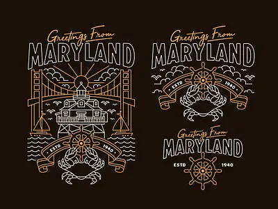 Greetings From Maryland apparel badge branding bridge crab design graphic design icon illustration landmark lineart logo maryland monoline nature retro travel usa vector vintage