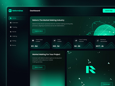 DAO Home Dashboard blockchaindesign cryptodashboard dao defigovernance dribbbleshot governanceui opensource tokenvoting uxui web design web site web3design