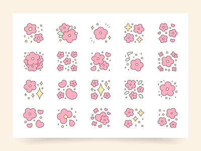 Kawaii flower sticker set 2d collection cute design element fancy floral flower heart illustration kawaii magic pastel pattern pink print set sparkle star sticker vector