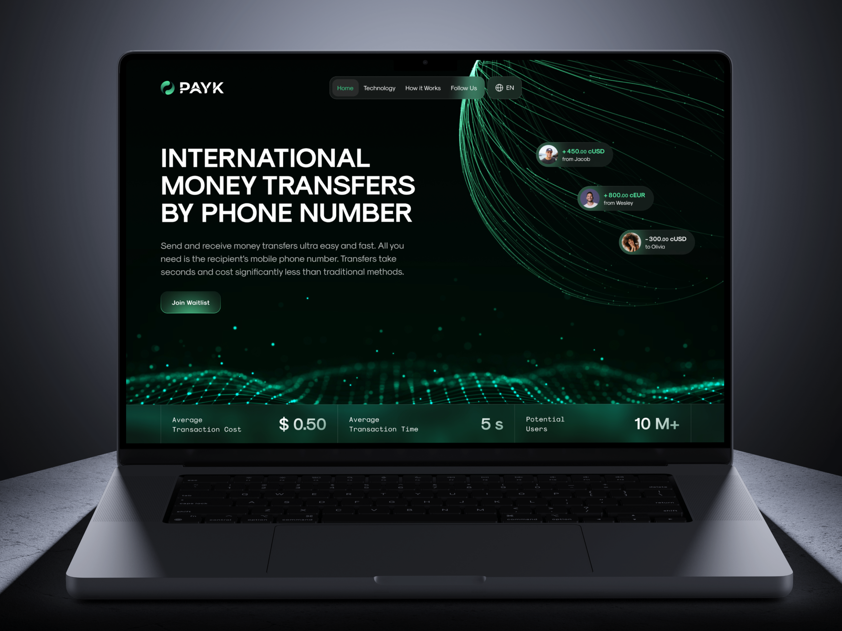 PAYK — International Money Transfers blockchain crypto cryptocurrency dark mode glass glow gradient interface landing page money transfer ui uiux web web design website