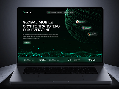 PAYK. Home blockchain crypto cryptocurrency dark mode glass glow gradient interface landing page money transfer ui uiux web web design website