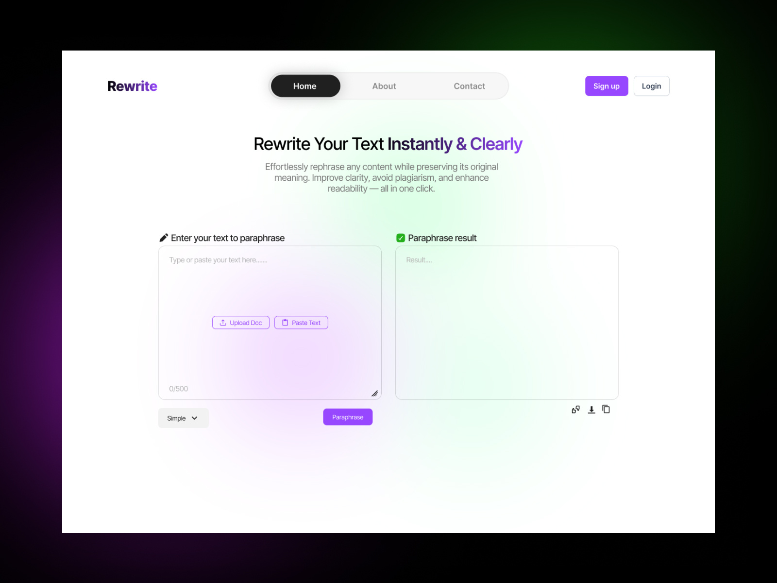 AI-Powered Text Rewriter – Instant & Clear Results branding graphic design landingpage minimalistic modern ui paraphrasing tool rewrite text ui ui landing page uiux designer website design