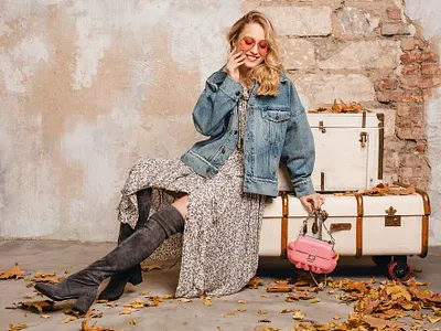 Attractive stylish blonde woman in jeans and oversize jacket 3d animation branding graphic design logo motion graphics ui