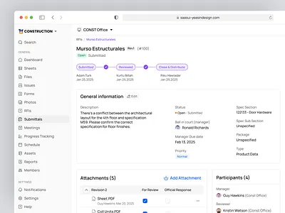 Submittals UI – Construction Management SaaS Web App b2bdesign clean saas complex saas ui constructiontech minimal saas ui minimal web app productdesign projectmanagementui saas product saas web app submittals saas submittals web app uxforconstruction webappdesign