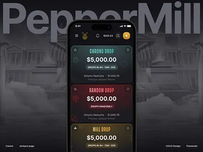 PepperMill: Jackpot cards casino dark design desktop drop drops gambling igaming interface jackpot mobile peppermill ui ux web