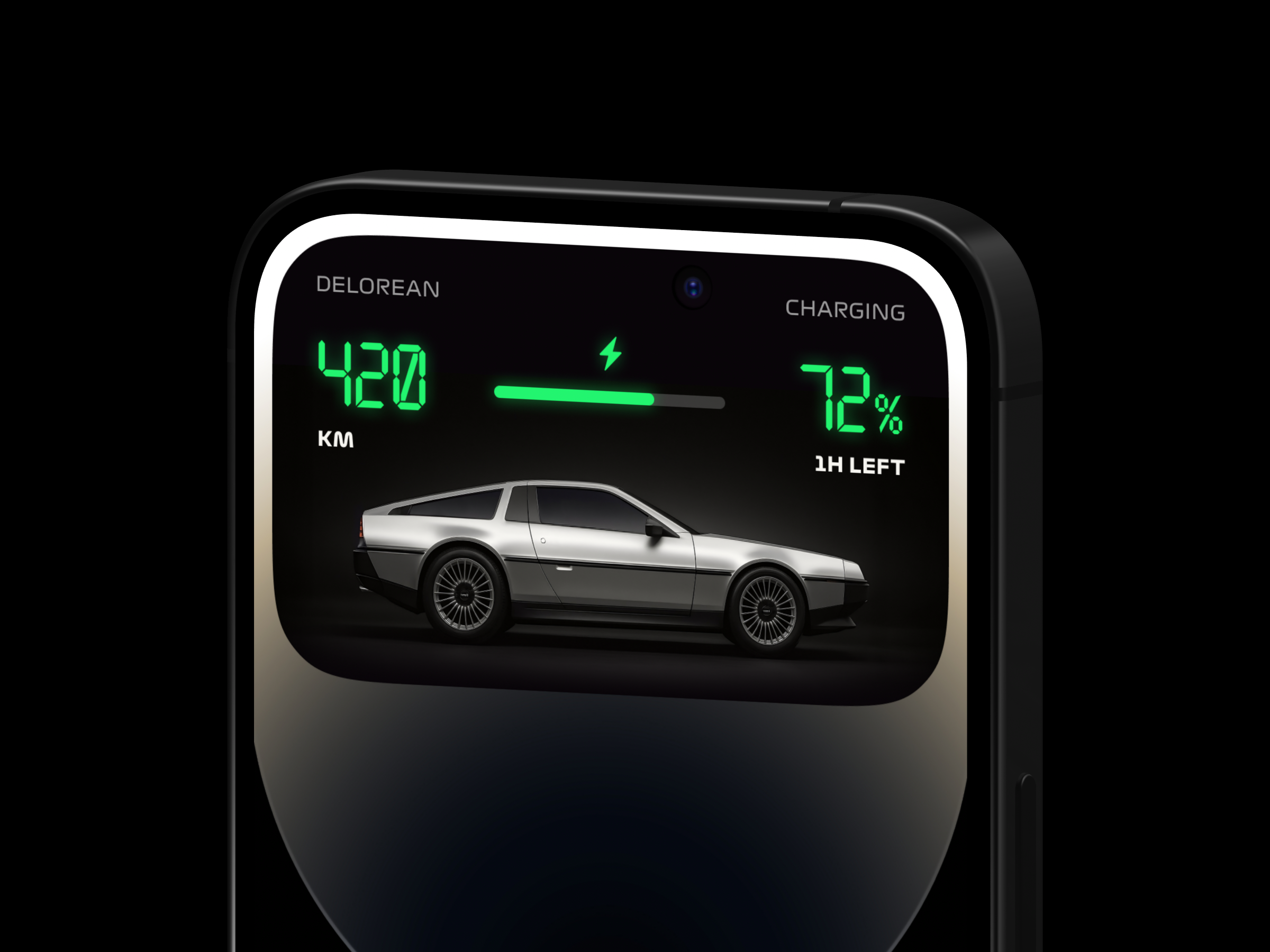Delorean charging - Dynamic island car charging clean delorean dynamic island generation graphic design ios design minimalism mobile design simple ui uiux user experience ux widget