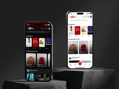 Modern UI for a Social E-commerce App bottom menu categories creative design dark theme and light theme app feature product section feed section graphic design mobile app newly listed social e commerce app top header ] top seller section top selller section treading and morden app trending live section trending near by ui