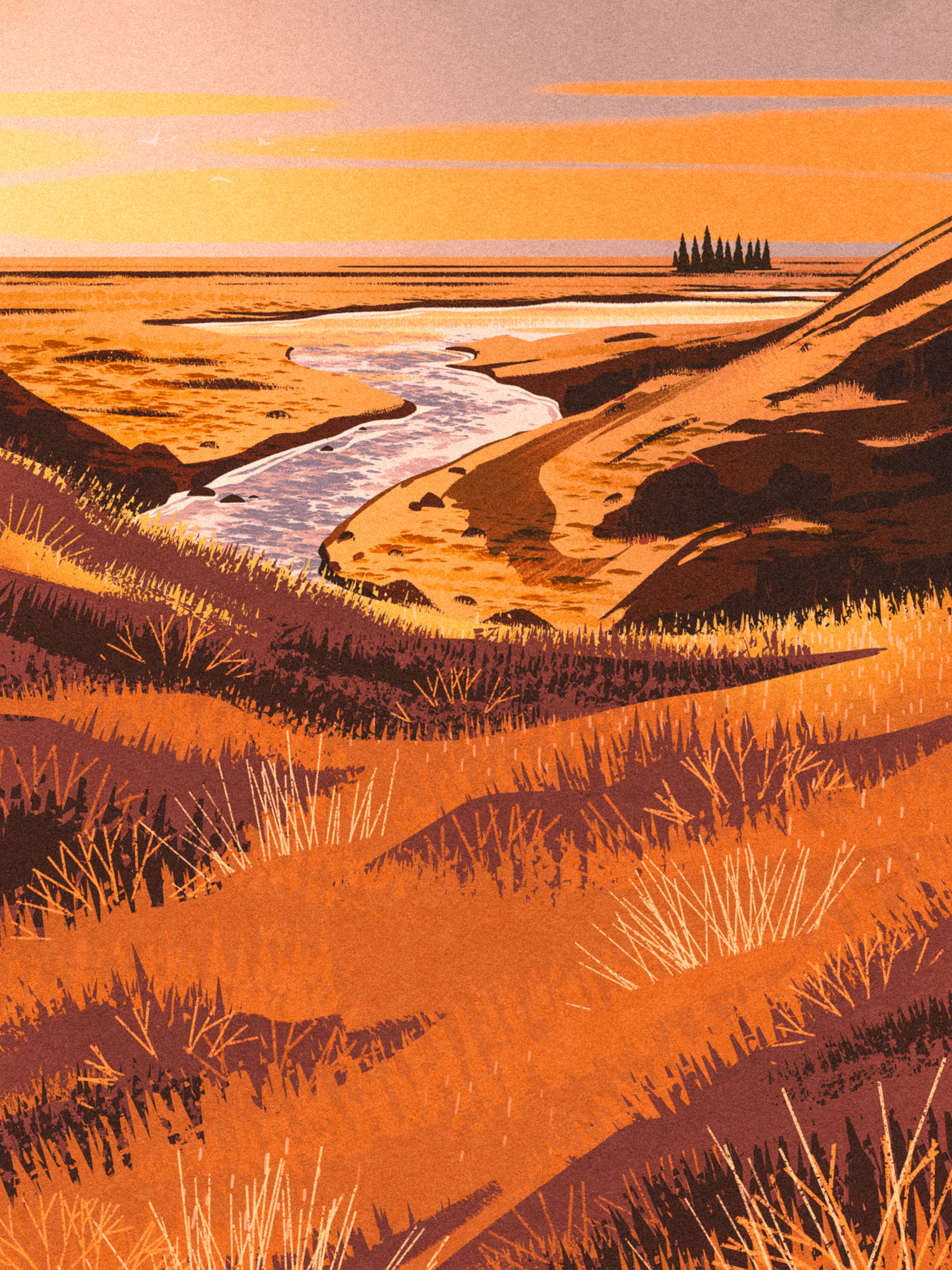 Iceland Golden Hour 2d digital painting epic europe field golden grass hour iceland illustration inviting landscape picturesque retro reykjavik river stream sunrise sunset warm