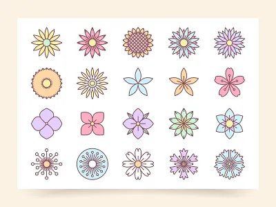 Retro flowers 2d abstract collection colorful flower geometric illustration minimal ornament retro rosette set simple vector vintage