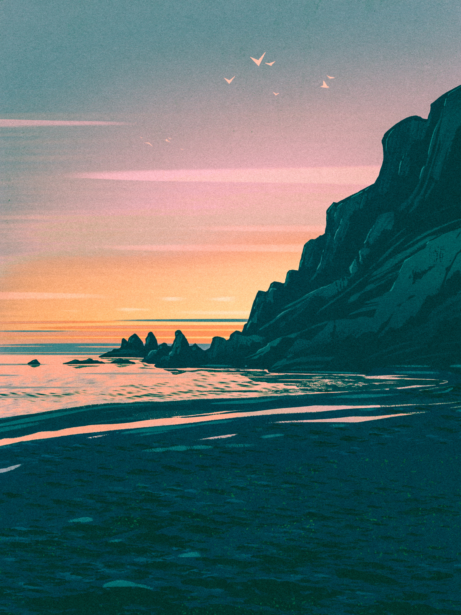 Black Sand Beach 2d beach black coast europe iceland illustration landscape retro reykjavik rock rocks rocky sand shore sunrise sunset vik vintage víkurfjara