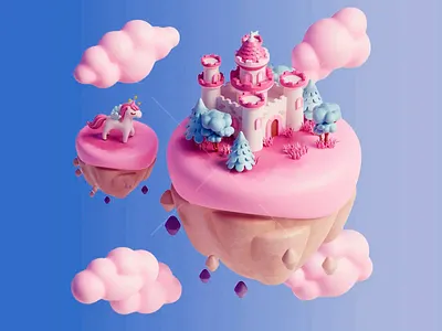 Floating Fantasy Kingdom 3d 3d art 3d model 3d modeling 3d rendering blue cartoonish clouds digital art dream dreamy fairyland fantasy fantasy art futuristic design landscape pink soft soft colors whimsical