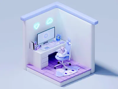 3D Pastel Kawaii Gaming Corner 3d 3d chair 3d computer 3d design 3d desk 3d interior 3d modeling 3d room blue cozy corner creative visuals design digital art gaming zone lavender lights micro living miniature modern soft coloring