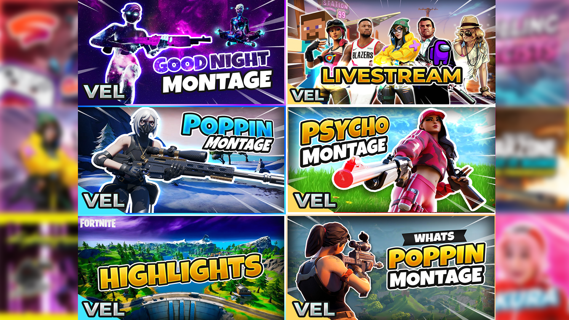 Fortnite Thumbnails banners design esports fortnite fortnite thumbnails gaming gaming thumbnail graphic design social media social media banners social media posts streaming thumbnail thumbnail design thumbnails twitch ui youtube