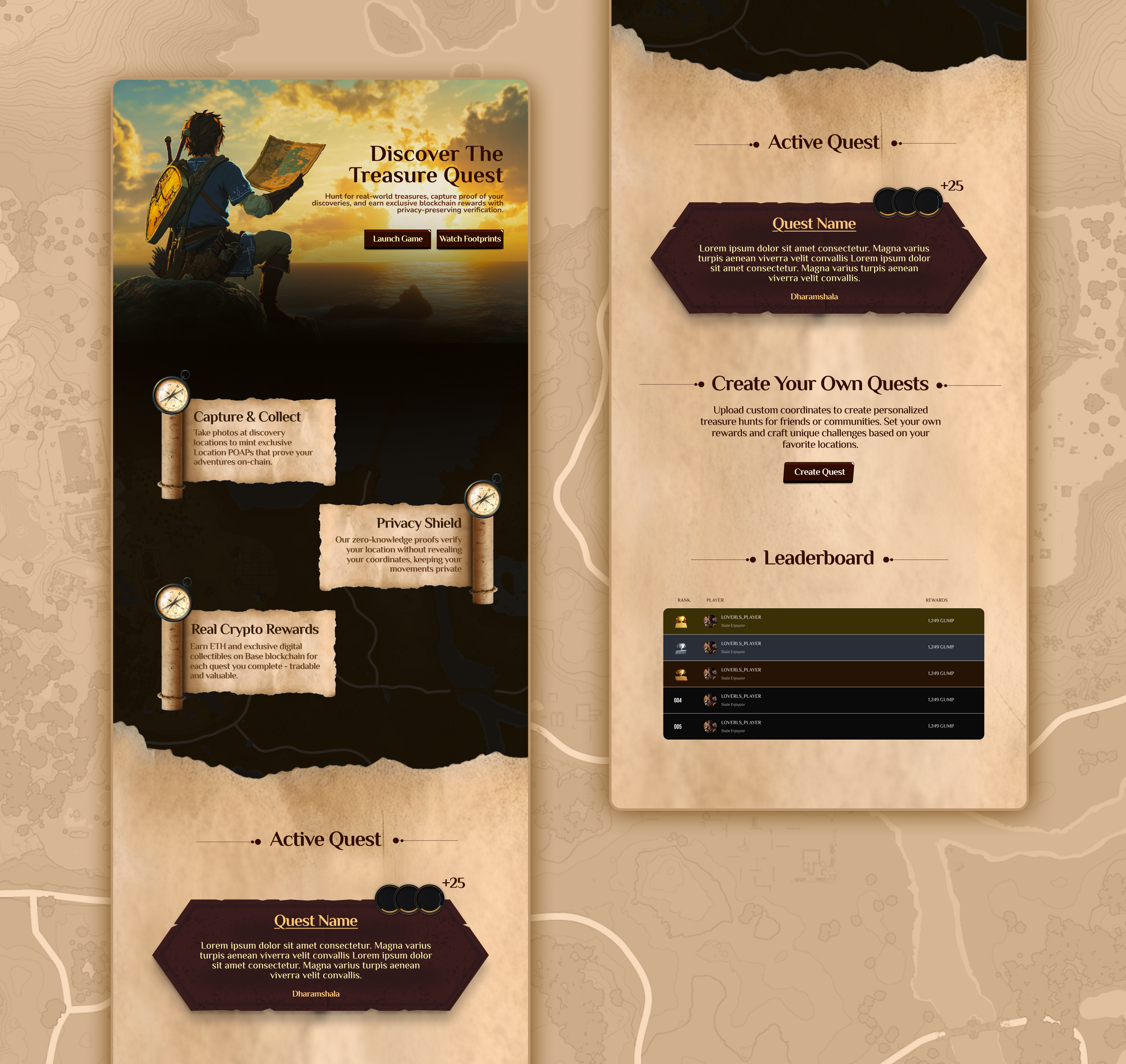 Treasure Hunt but Onchain 🧭 adventure branding exploration game hunt landing map scavenger hunt ui ux website