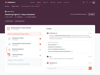 Skillsphere: E-Course Platform Dashboard Saas Web App - AI Chat ai aichat app design artificial intelligence behance chat course dashboard ecourse elearning learning platform masterclass product design saas saas app design udemy ui uiux web app