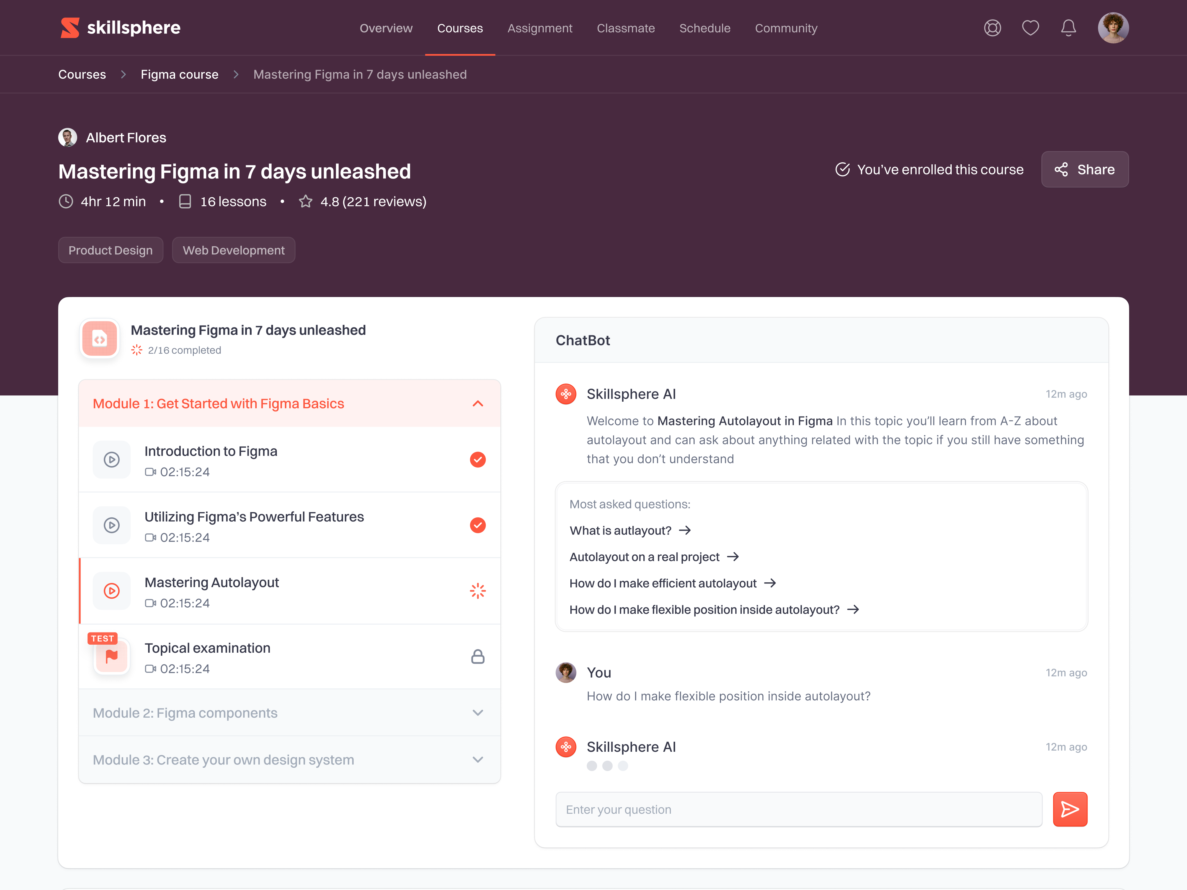 Example of Skillsphere: E-Course Platform Dashboard Saas Web App - AI Chat