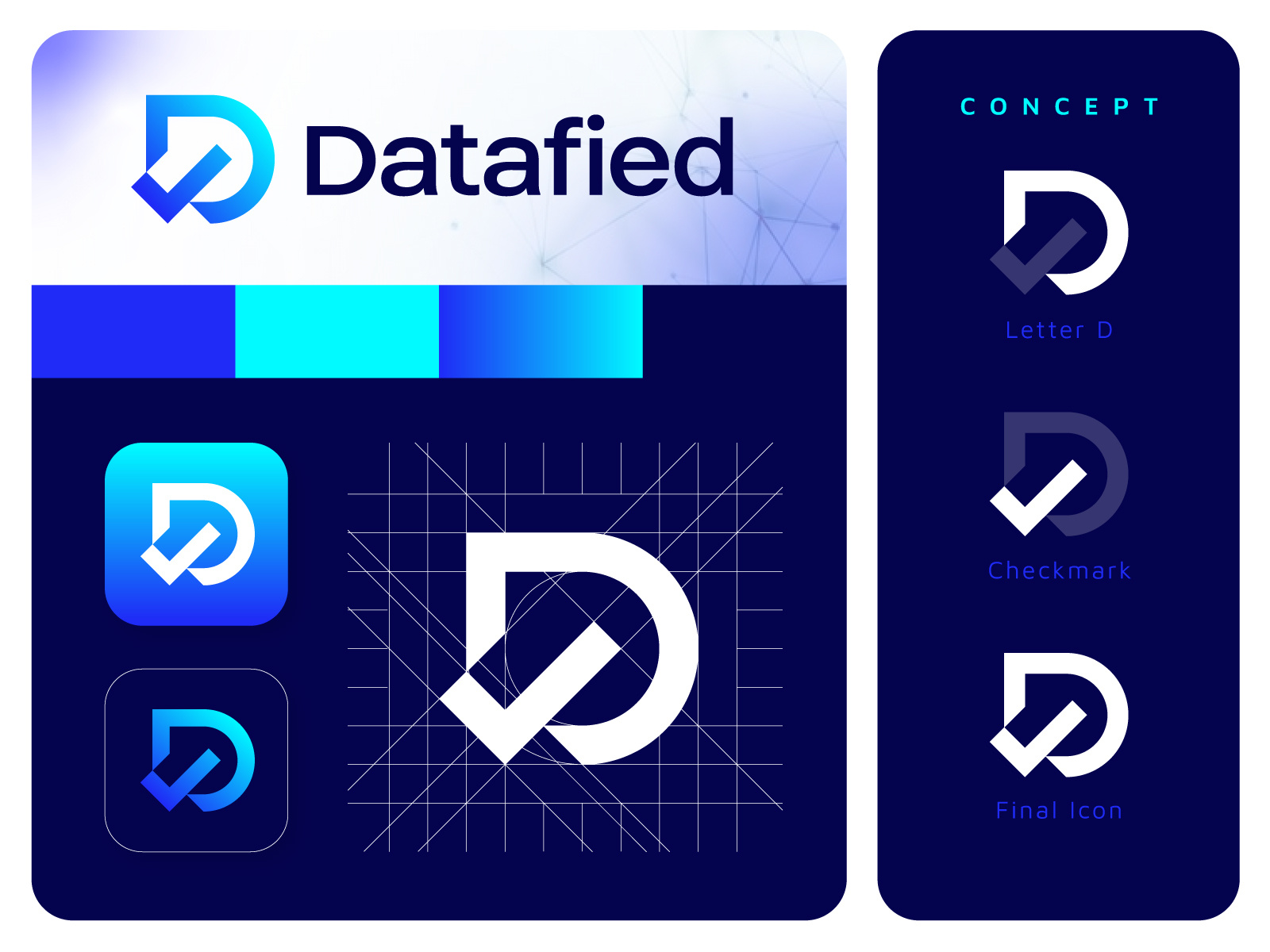 Datafied - D+Checkmark logo bold check mark logo cyber security d letter logo data analytics digital platform geometric logo design logo designer logos minimal minimal logo modern modern logo saas platform start up logo tech logo technology verified logo visual identity
