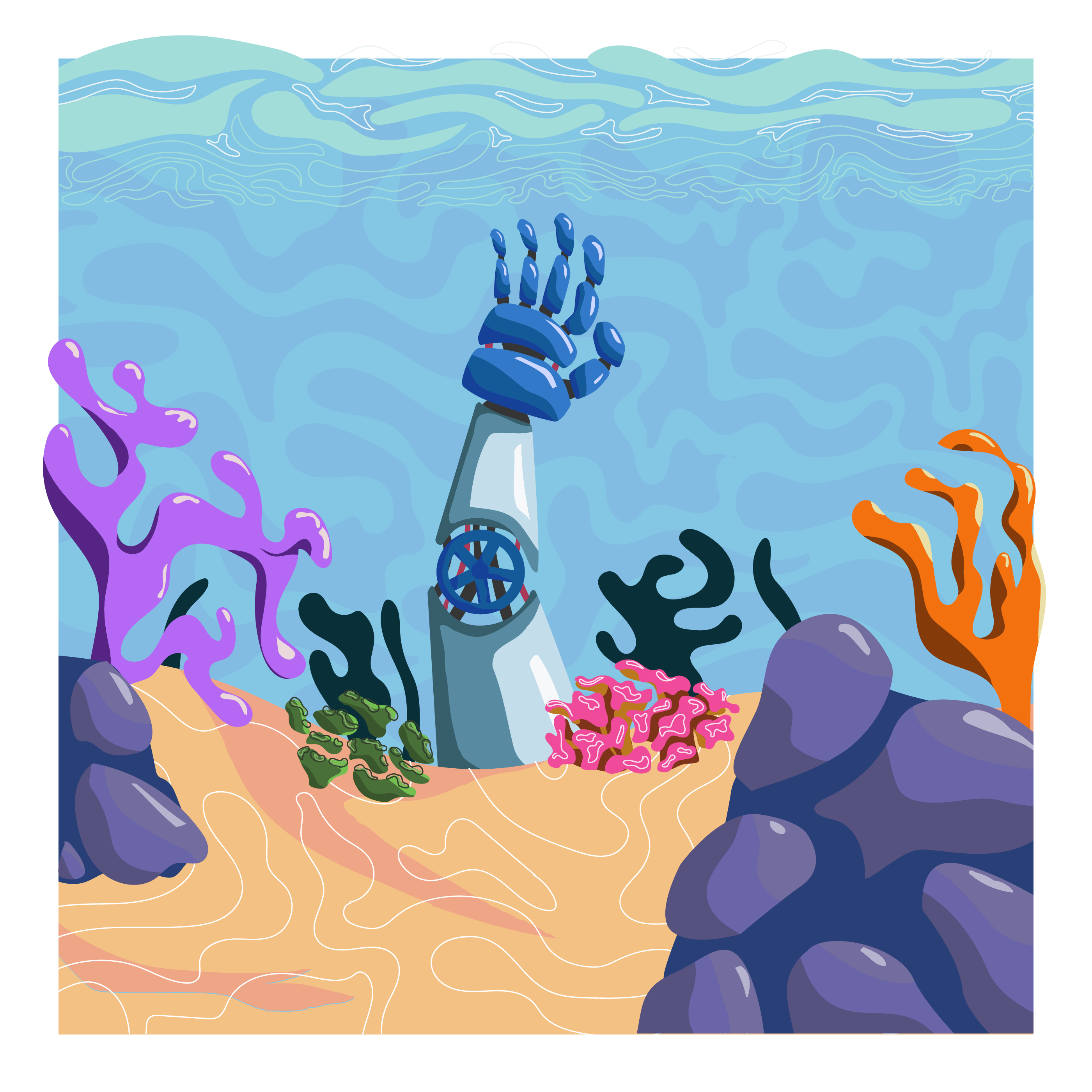 The Sunken Robot arm coral hand illustration reef robot robotic sea under water water