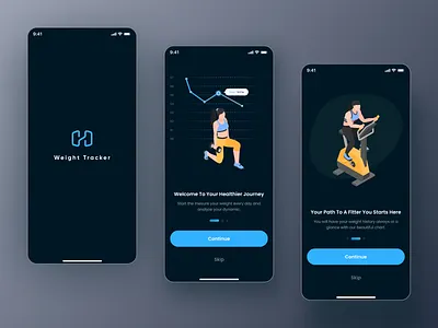 Weight Tracker - Fitness Onboarding Screen activity tracker blue application bluedarkapp chart darkui fitness app graphic design health interaction design mobile app monitoring nv onboardingscreen tracker training uidesign weight weightloss weightloss app weighttracker