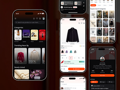 Mobile App UI Design for E-commerce bottom menu design branding categories section chat screen creative morden design app dark theme light screen e commerce app feed screen graphic design header design live stream screen mobile app design newly listed section profile screen treading design treading near by section
