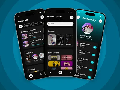 Voxa - Podcast Streaming Mobile App UI app application apps audio design discovery illustration layout mobile modern navigation podcast streaming tech ui ux