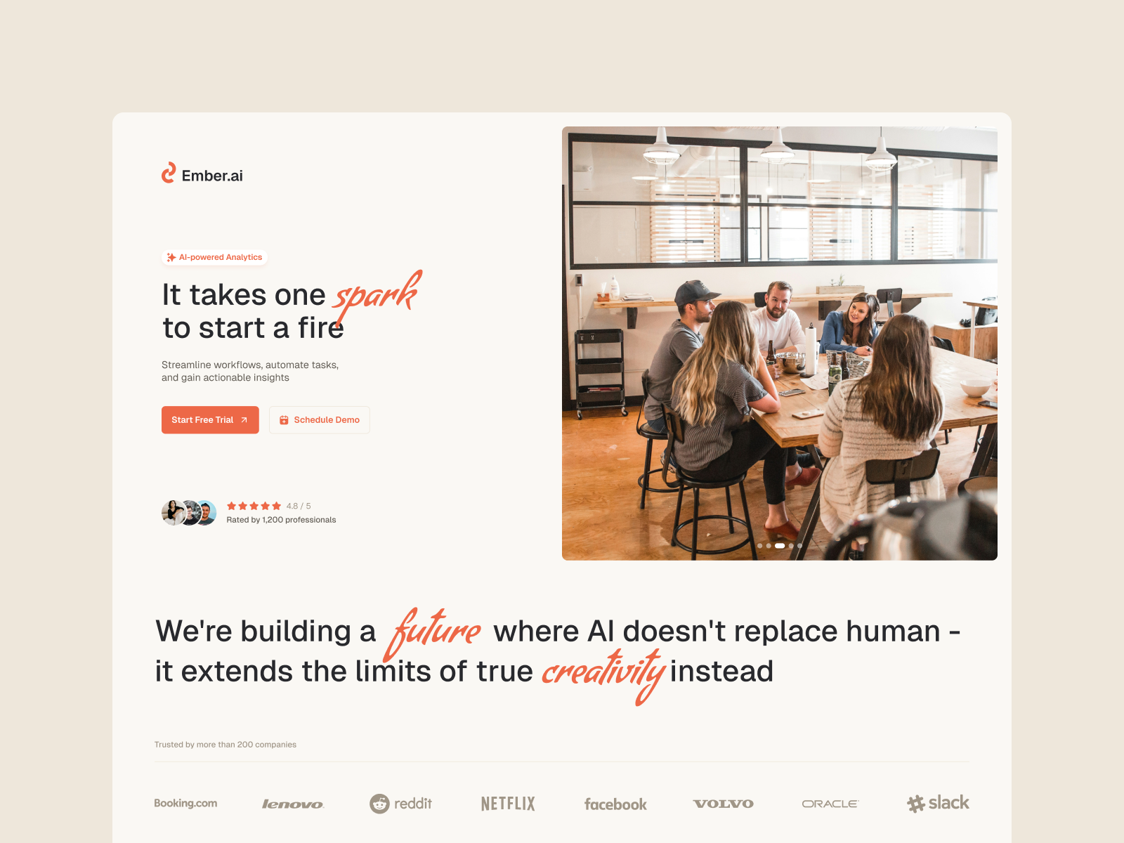 🔥 Ember - Modern SaaS Design for AI Workflow Automation ai blog cards clean creative features fire fonts framer hero landing light minimal modern orange saas spark webflow