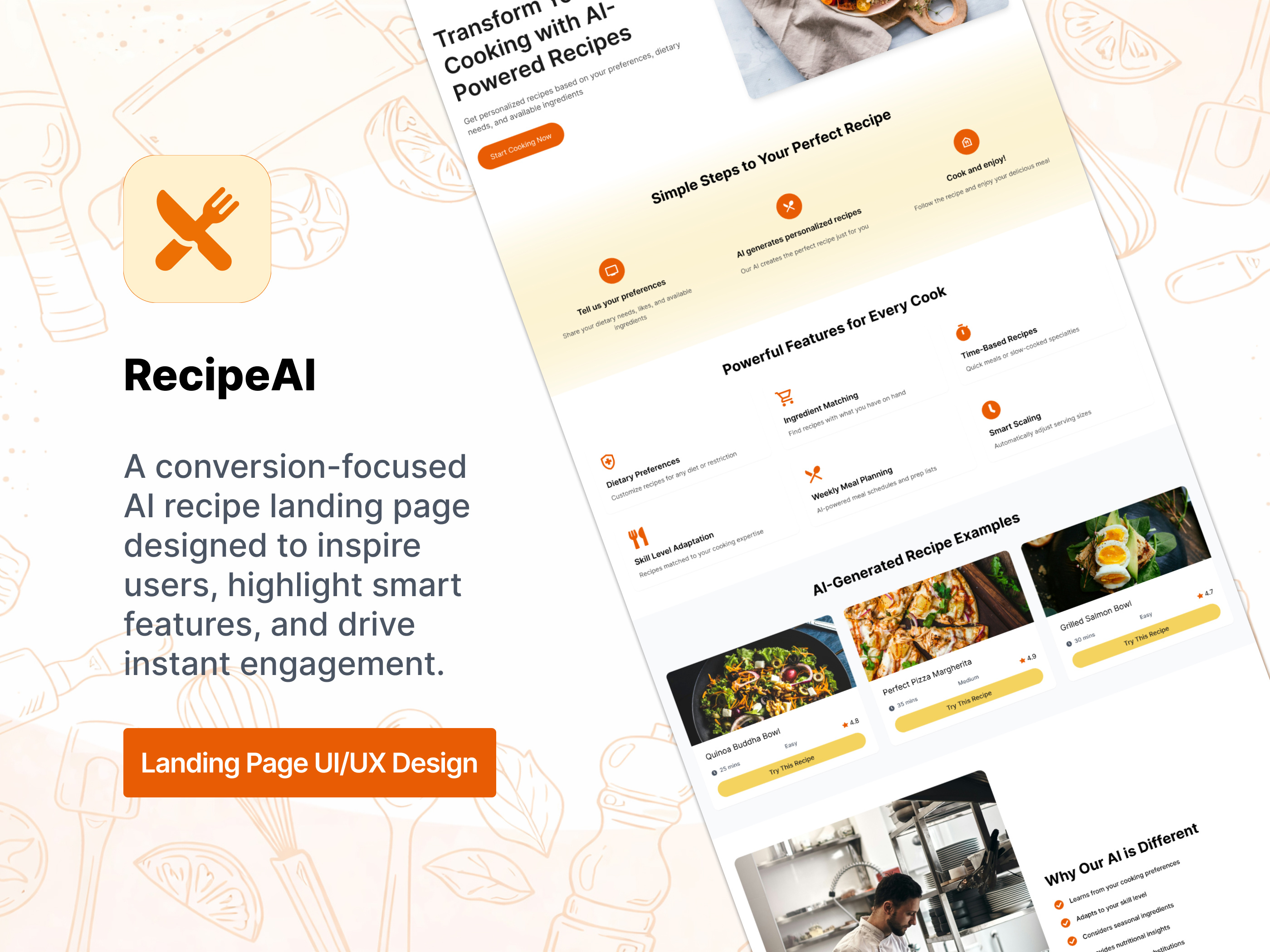 Recipe Landing Page — RecipeAI Landing Page Design! aigeneratedrecipesui airecipegeneratorlandingpage creativedesign designinspiration foodrecipelandingpage landingpagedesign landingpageui recipeai recipeailandingpagedesign recipelandingpage recipelandingpagedesign recipeslandingpage uiuxdesign webdesign