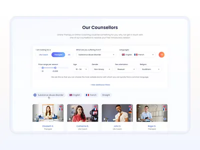 Online Coaching - Counsellors page, filters page coaching counsellors design drumncode filters mental health modern ui online consultation online platform profile page psychological assistance psychologist responsive therapy online ui ux ux ui design web design web development