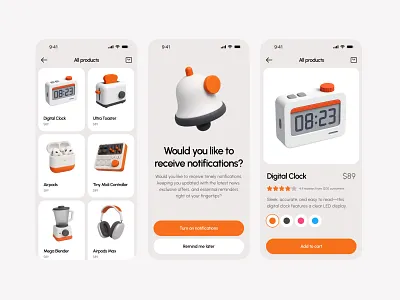 Mobile app design with 3D icons 3d app clean design ecom ecommerce graphic design icon icons illustration mobile notification orange product shop store ui webshop