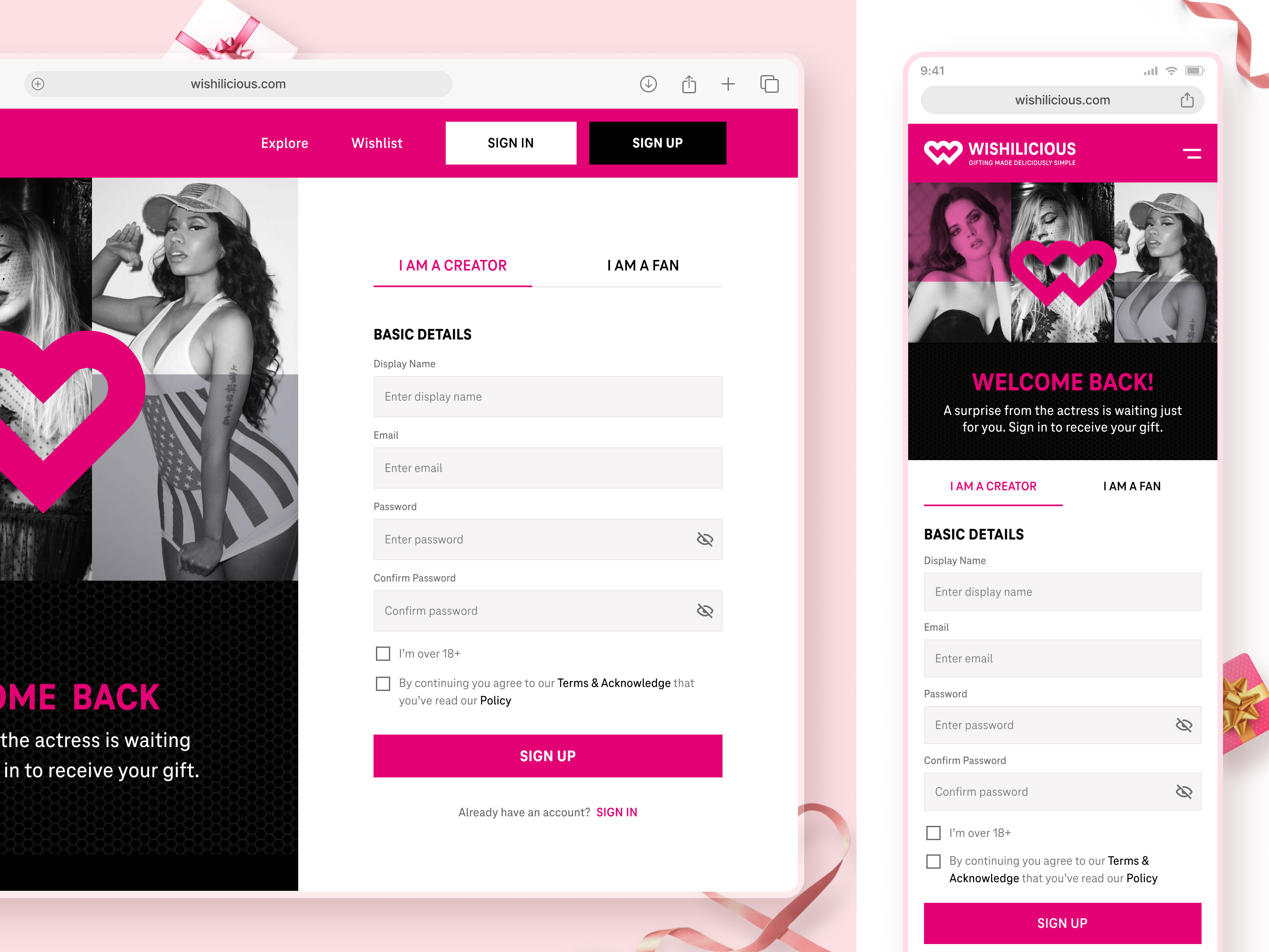 Creator SignUp! 18 acknowledge basic details creator design fans form gift graphic design pink and black policy responsive signin signup terms ui ux strategy web wish