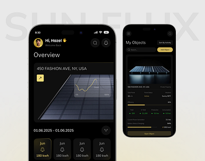 SunFlux - Solar Panel Dashboard ai app chart crm dashboard dashboard design energy website green energy minimalist mobile app panel power saas solar solar dashboard solar energy solar panel ui ux web app