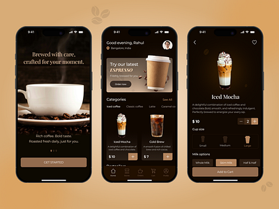 Coffee App UI - Brewed to Perfection animation cafeui coffeeappui darkthemeui dribbbleshot figmadesign mobiledesign productdesign pushkarverma ui ux