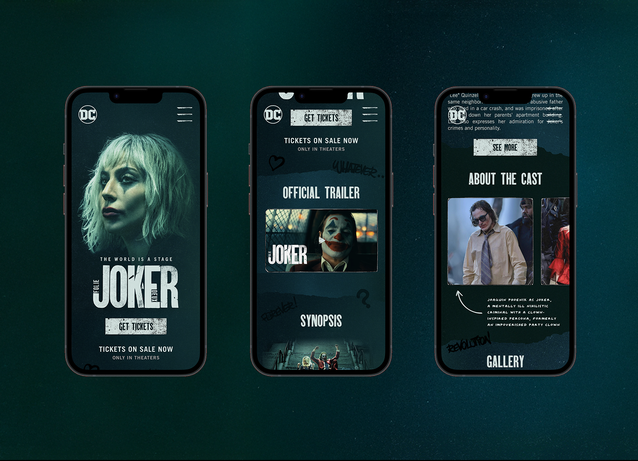 Joker app design app design dc dc comics entertainment entertainment website fan art home page joker joker 2 landing page movie movie app movie design movie website promotional app promotional website todd phillips uxui design webdesign
