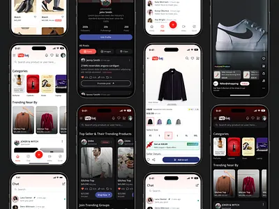 Modern UI for a Social E-commerce App app seach bottom navigation card design chat screen creative morden design dark theme light theme design e commerce mobile app feed screen graphic design header design live steaming screen offer card design product detail page profile screen treading design treading product card design ui