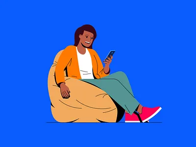 Person sitting in a bean bag chair character design flat human illustration mobile outline people phone stroke vector