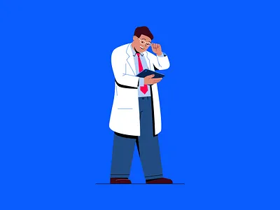 Doctor using a tablet character design glasses gown hospital illustration ipad medical outline people stroke vector