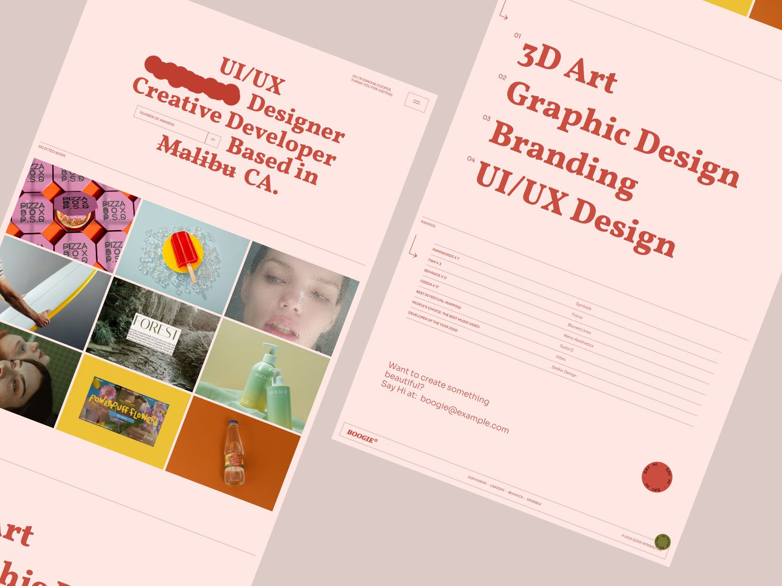 Boogie - Designer portfolio animation boogie branding creative portfolio creative showcase freelance freelancer website hover effect landing page minimal personal website pink pink background portfolio red typography ui design visual identity webdesign