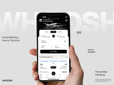 WHOOSH – Flight Ticket App airport app app design book booking clean design flight flights fly mobile mobile app modern plane seat ticket travel trip ui ux