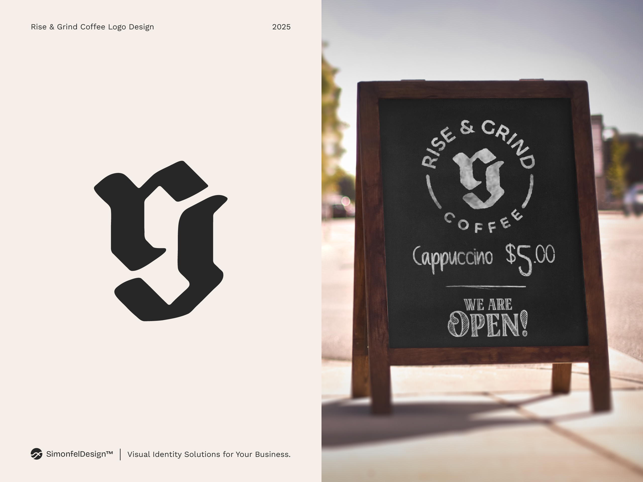 Rise & Grind Coffee Shop Chalkboard Roadsign blackletter cafe café cappuccino chalk chalkboard coffee coffee shop fraktur g lettermark letters rg monogram rg rg monogram road sign