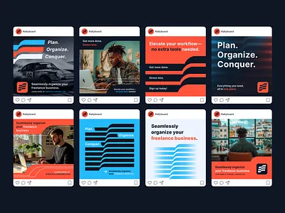 Rallyboard Brand Application (Social Posts) agencies brand application brand system branding freelancers logo logo design project management social social content templates
