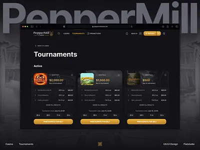 PepperMill: Tournaments casino clean dark design desktop gambling igaming interface leaderboard minimal mobile peppermill place results scoreboard slot slots tournaments ui ux